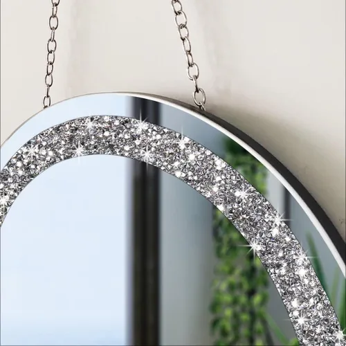 Miniatura 6 de QMDECOR Juego de 2 espejos plateados de cristal estrellado con diamantes, forma redonda, diámetro de 12 pulgadas con cadena de hierro, espejo