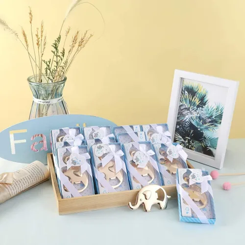 Miniatura 7 de Paquete de 12 abrebotellas para baby shower, recuerdo de fiesta para invitados, abrebotellas con forma de elefante, regalos de baby shower, Azul