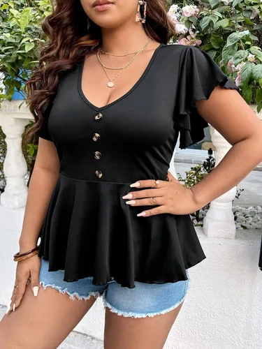 Miniatura 3 de SOLY HUX Peplum Tops para mujer, talla grande, sexy, blusas de verano 2023, camisetas con volantes, camisetas casuales elásticas con cuello en V