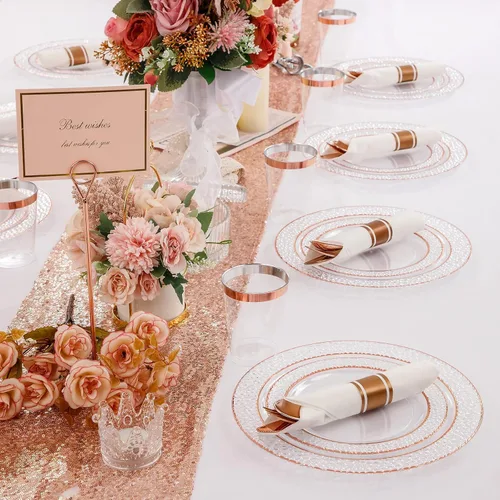 Miniatura 9 de Liacere 350 platos de plástico color oro rosa, platos desechables de rosa transparente, 50 invitados, incluyen 50 platos llanos, 50 platos