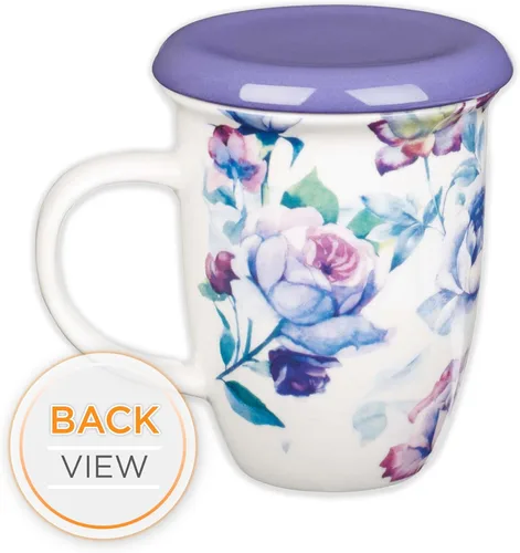 Miniatura 2 de Taza de café de cerámica floral de rosa de Christian Art Gifts con tapa púrpura – 13 oz. Taza de café y té inspiradora sin plomo ni cadmio