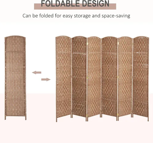 Miniatura 3 de HOMCOM Divisor de habitación, pantalla de privacidad plegable de 6 paneles, 6 pies de alto, portátil, de tejido de mimbre, divisor de pared