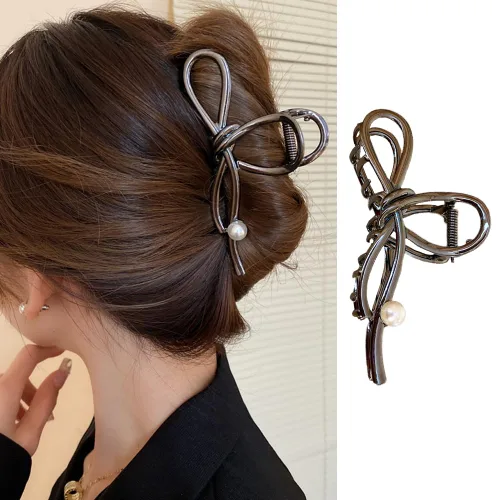 Pinzas de metal grandes para el cabello con diseño de lazo negro y perlas blancas, pinzas antideslizantes para mujeres y niñas, agarre fuerte para