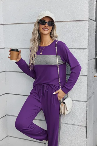 Miniatura 2 de HOTOUCH Conjunto de dos piezas para mujer, de manga larga, cuello redondo, sin botones y pantalones largos, sudadera de moda 2023