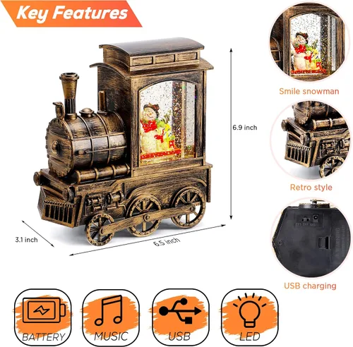 Miniatura 2 de IPOW Tren de linterna de globo de nieve de Navidad con purpurina de remolino de agua, musical e iluminado, temporizador de 6 horas, alimentado por
