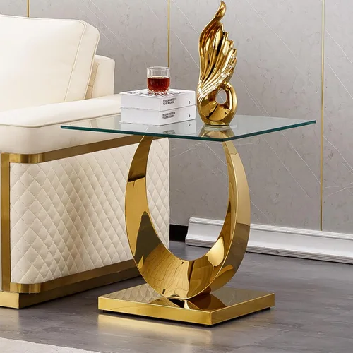 Miniatura 36 de SSLine Mesa auxiliar de cristal de lujo para sala de estar, mesa auxiliar moderna dorada con base de pedestal de acero inoxidable en forma de flor