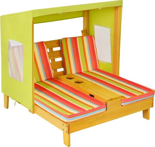 COSTWAY Tumbona doble para niños al aire libre, silla de patio de 2 asientos con portavasos y cojines, silla de playa para niños con toldo, muebles