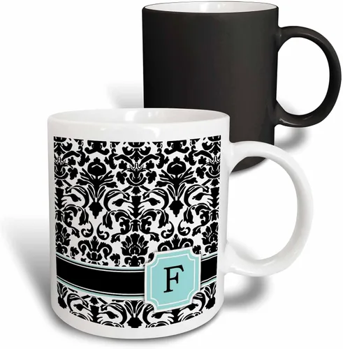 Miniatura 7 de 3dRose Letter F personal monogrammed mint blue black and white damask pattern - classy personalized initial 11oz Two-Tone Blue Mug