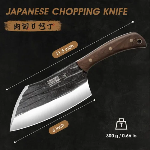 Miniatura 4 de HOSHANHO - Cuchillo de carnicero de 6 pulgadas forjado a mano, cuchillo para carne y vegetales, cuchillo de carnicero de tajo completo para corte