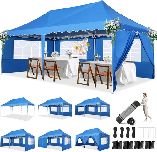 HOTEEL Tienda de campaña desplegable para fiestas, toldo fácil de instalar de 10 x 20 pies con paredes laterales y ventanas de iglesia, tienda de