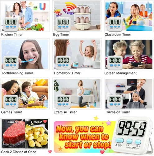 Miniatura 7 de Antonki Paquete de 2 temporizadores digitales para niños, temporizadores de cocina magnéticos de cuenta regresiva para cocinar, huevos, aula