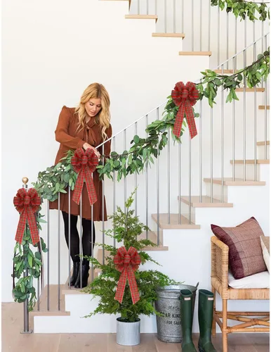 Miniatura 3 de Meseey 2 lazos grandes de Navidad rojos y verdes de 16 x 8 pulgadas para coronas doradas para envolver regalos, decoración del árbol, puerta