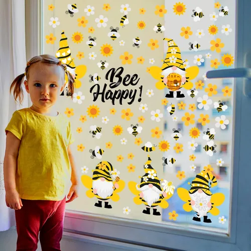 Miniatura 4 de Capoda 167 calcomanías de pared de gnomo de abeja, 6 hojas de calcomanías de pared de gnomo de girasol para ventanas de vidrio, calcomanías