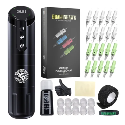 Dragonhawk Kit de pistola de tatuaje Kit de tatuaje inalámbrico para principiantes, kit completo de máquina de tatuaje, fuente de alimentación de