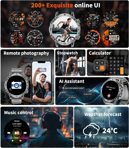 Miniatura 9 de Reloj inteligente militar para hombre, reloj inteligente HD de 1.85 pulgadas, batería grande de 1000 mAh, linterna LED/más de 100 modos deportivos