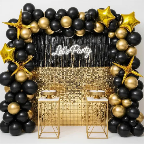 Miniatura 7 de RUBFAC Globos negros y dorados, decoraciones de graduación 2026, 130 piezas de globos de confeti de metal negro dorado y metálico, kit de arco