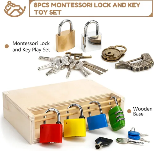 Miniatura 2 de Woodtoe 8 piezas de juguete de cerradura y llave Montessori, juguetes Montessori para niños pequeños de 3, 4, 5 años, juego de herramientas