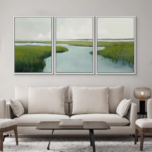Miniatura 2 de SIGNWIN Lienzo enmarcado para pared, juego de arte sereno de pantanos con humedales verdes e ilustraciones de agua tranquila, arte moderno