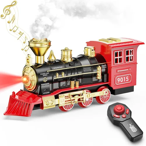 Hot Bee Locomotora de tren a control remoto, juguete de motor de vapor de tren con humo, luces y sonidos, juguetes de trenes de Navidad, regalos