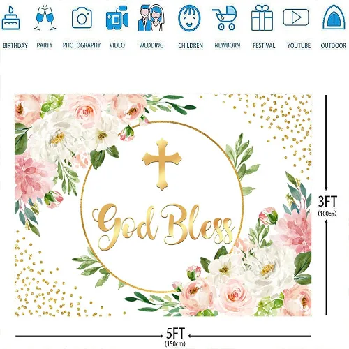 Miniatura 4 de Ticuenicoa Telón de fondo de bautismo de 5 x 3 pies para niña, fondo de primera comunión, rosa y dorado, Dios bendiga la espalda, decoración