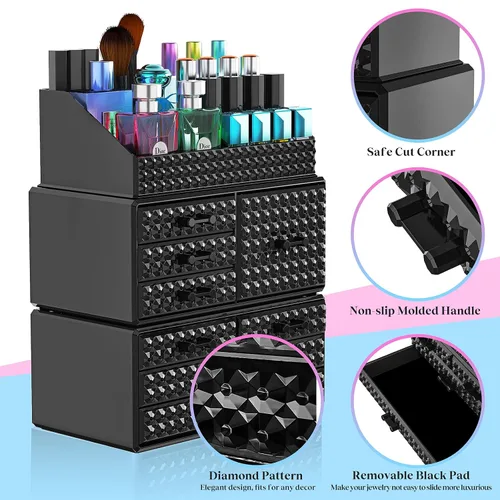 Miniatura 4 de Paquete de 3 organizadores de maquillaje apilables [actualizados], estuches de almacenamiento de cosméticos acrílicos con 8 cajones organizadores