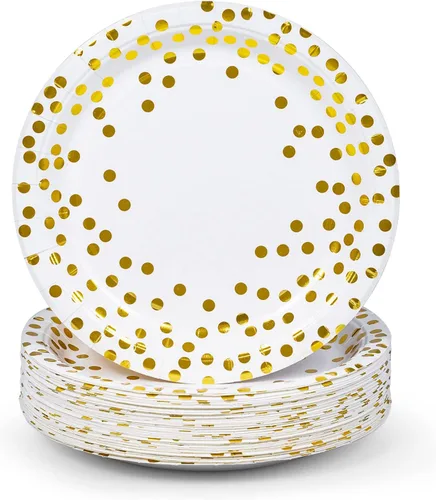 Miniatura 8 de MATICAN Platos de papel para fiestas, paquete de 100 platos desechables blancos y oro rosa, lunares de papel de aluminio, 9 pulgadas Dorado