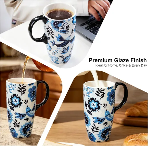 Miniatura 5 de Topadorn Taza de Café de Cerámica de Viaje con Tapa y Caja de Color, 17oz Termo de Café Apto para Microondas y Lavavajillas, Pájaro Azul