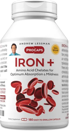 ANDREW LESSMAN Iron Plus 180 cápsulas – 18 mg de hierro, hierro quelado de aminoácidos 100% puro (glicinato, aspartato), más vitamina C para una