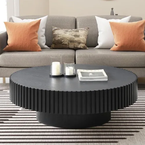 Miniatura 9 de KEVINSPACE Mesa de centro redonda de 35.43 pulgadas para sala de estar, pedestal de madera redonda, mesa de centro para sala, mesa de centro, Negro