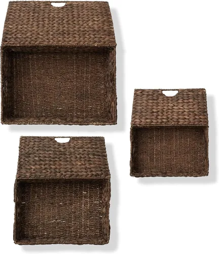 Miniatura 6 de Casafield Juego de 3 canastas de almacenamiento rectangulares de jacinto de agua con tapas (Espresso - Pequeña/Mediana/Grande) para dormitorio