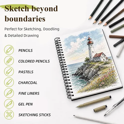 Miniatura 3 de Cuaderno de dibujo de tapa dura con espiral de CONDA, de 9 x 12 pulgadas, para dibujar, pintar y realizar técnicas mixtas Negro