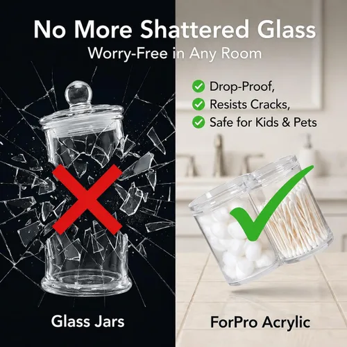 Miniatura 5 de ForPro - Tarro de boticario de acrílico transparente con 2 compartimentos con tapa, soporte inastillable y organizador de bolas de algodón