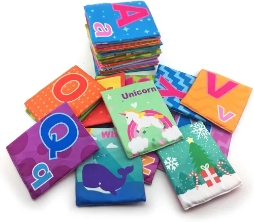 Miniatura 5 de 26 piezas de tarjetas de alfabeto suaves con bolsa de almacenamiento de tela para bebés, lactantes, niños pequeños y niños. Tarjetas flash