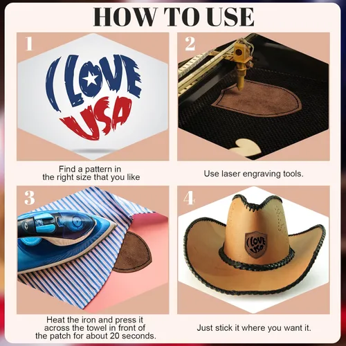 Miniatura 4 de Giegxin 120 Piezas Parches de Cuero Sintético Rústico para Sombreros con 8 Tipos de Formas de Grabado Láser en Blanco, Parche Adhesivo para Tela