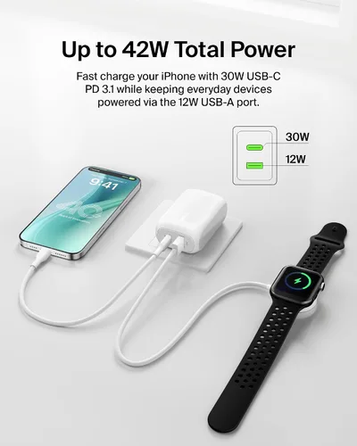 Miniatura 3 de Belkin Bloque de Carga de 42W con 2 Puertos, Cargador USB-C + USB-A de Super Carga Rápida - Samsung Galaxy S25, Apple iPhone 17, Air, Pro, Pro Max