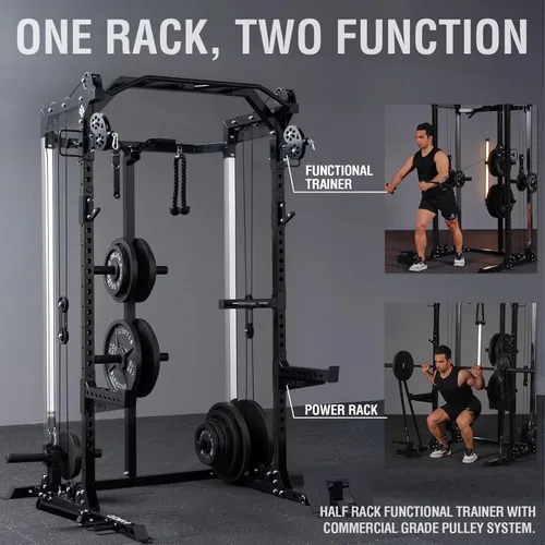 Miniatura 8 de Mikolo HR06 Power Cage with Aluminum Pulleys, 2000LB Power Rack with Independent Dual Pulley System, Multi-Function Home Gym Workout Machine for