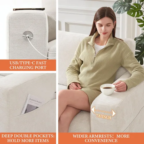 Miniatura 4 de Ihanherry Sofá Moderno de 2 Plazas para Sala de Estar, Sofás de Chenilla con Ancho y Profundidad de Asiento Extra Grandes, Puerto de Carga USB/Tipo