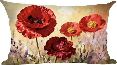 Ramirar Funda de almohada lumbar decorativa de verano con diseño de acuarela, color rojo, morado, flores de amapola marrón, para el hogar, sala de