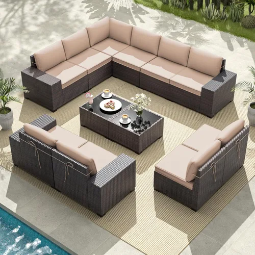 Miniatura 10 de Gotland Juego de muebles de patio de 8 piezas con mesa con fogón, muebles de ratán para exteriores para todo tipo de clima con respaldo alto de 2