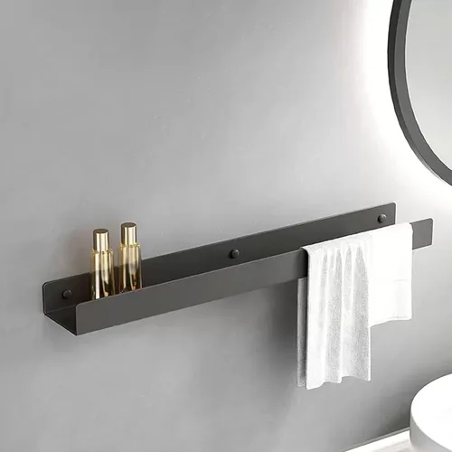 Miniatura 6 de Unidad de almacenamiento de baño de acero inoxidable con gancho para toallas, estante de ducha sin taladros o perforación, organizador para Negro