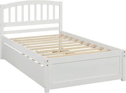 Miniatura 4 de Base de cama individual de madera maciza para niños con nido y cabecera curvada, base de cama de plataforma de perfil bajo con soporte de listones