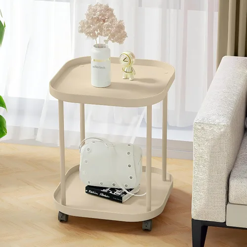 Miniatura 2 de Mesa Lateral con Ruedas, Mesa Auxiliar Sala de Estar Mesa Lateral Móvil de Plástico para Sofá Mesita de Noche Pequeña Dormitorio Caqui
