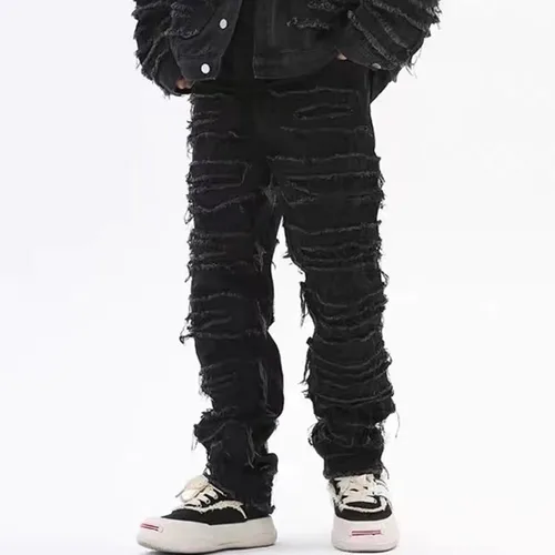 Miniatura 3 de XYGJZ Pantalones de mezclilla rasgados para hombre, pantalones de mezclilla de pierna recta destruidos sólidos desgastados