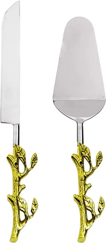 GUTE Juego de 2 cuchillos para tartas y espátula para servir con hojas doradas, acero inoxidable y latón, dos tonos, ideal para bodas, fiestas,