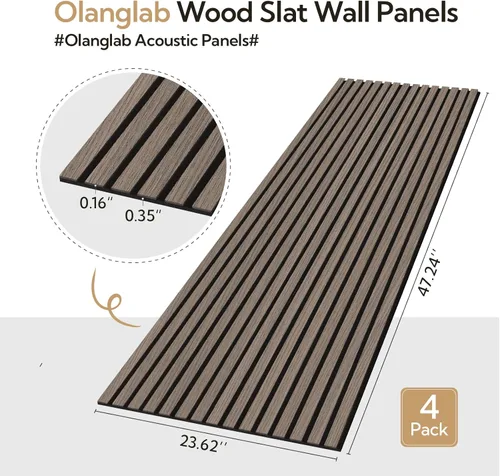 Miniatura 2 de Olanglab Paquete de 4 paneles de pared de madera acústica, paneles de pared de listones de madera con amortiguación de sonido, 23.6 x 47.2 pulgadas