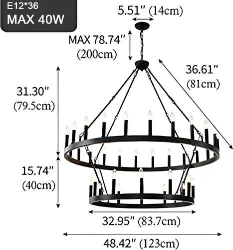 Miniatura 6 de Lámpara de araña de rueda grande de 122 cm de color negro, lámpara de araña de granja industrial de estilo rústico, de 2 niveles, con 36 luces