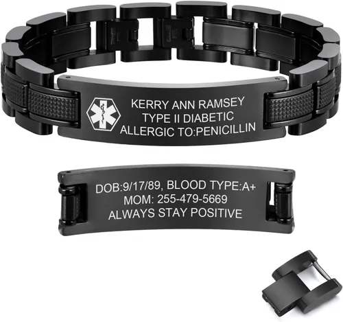 Miniatura 9 de Free Custom Engraving Medical ID Bracelet 2-tone Blue Black Titanium Steel Heavy Masculine Elaborate Men's Medical Alert Bracelet Wristband Jewelry