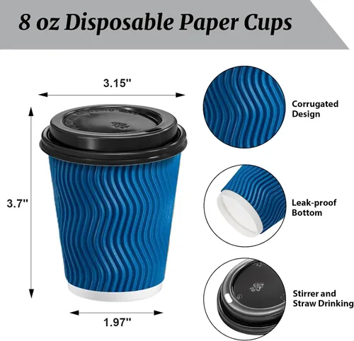 Miniatura 2 de Clawsoff Paquete de 100 tazas de café con tapas, de 8 onzas, desechables, aisladas, onduladas, para bebidas frías/calientes, oficina, hogar, tienda