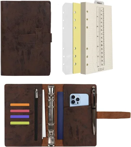 Miniatura 9 de Agenda de cuero Wonderpool A5, carpeta de cuaderno de escritura con papel punteado y cubierta con múltiples bolsillos para la escuela de negocios