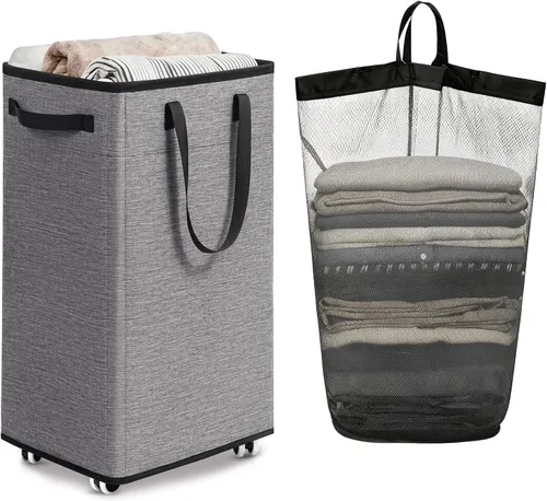 Miniatura 26 de Goodpick - Cesta de lavandería con ruedas, 75L, esenciales para dormitorio de universidad, cesta de ropa con bolsa de lavado extraíble para blanco